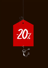 Obraz na płótnie Canvas Sale tag -20% with a happy stick figure on a black background