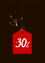 Obraz na płótnie Canvas Sale tag -30% with a happy stick figure on a black background