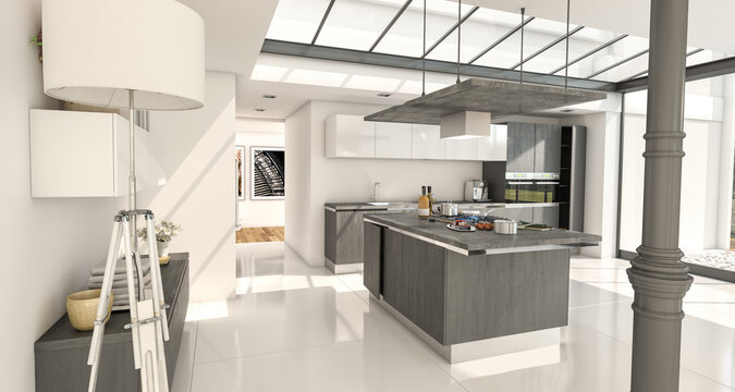 Industrial style domestic kitchen with glass roof in slate gray