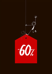 Obraz na płótnie Canvas Sale tag -60% with a happy stick figure on a black background