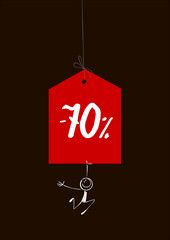 Obraz na płótnie Canvas Sale tag -70% with a happy stick figure on a black background