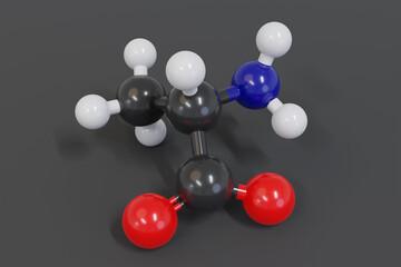 Alanine (L-alanine, Ala, A) amino acid molecule. 3D rendering.