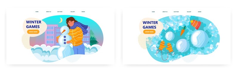 Happy girl making a snowman for christmas and new year holiday. Winter outdoor activities vector concept illustration. Winter games with snow. Web site design template