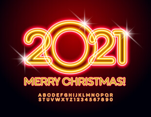 Vector neon greeting card Merry Christmas 2021! Bright glowing Font. Electric Alphabet Letters and Numbers for Entertainment