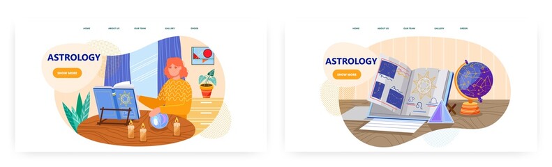 Woman put her hand on crystal ball and reads mystic book. Astrology and zodiac signs vector concept illustration. Book with constellation and zodiac symbols. Web site design template