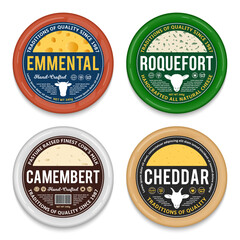 Vector cheese round labels and packaging design elements. Different types of cheese detailed patterns. Cow, sheep, and goat icons