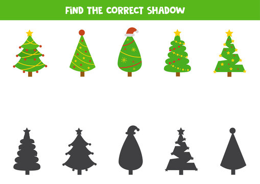Shadow matching game for kids. Find shadows of Christmas trees. Logical worksheets for kids.
