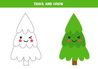 Trace and color cute kawaii fir tree. Christmas worksheets for kids. Writing practice for preschoolers.