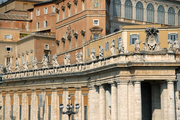Fototapeta na wymiar the wonderful facade of St. Peter's Basilica in St. Peter's Square. Designed by Michelangelo it is a travertine sculptured masterpiece. 