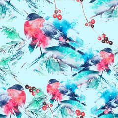 Obraz na płótnie Canvas Seamless watercolor pattern with a picture of a bird, bullfinch. A bird on a spruce branch, branch with berry viburnum, mountain ash. Bullfinch in the forest on a branch of spruce, cedar. 