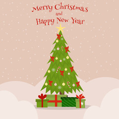 Fototapeta na wymiar Christmas greeting card with christmas tree and christmas presents . Vector illustration.