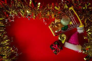 Red Christmas, gilf box and New Year Holidays background with copy space