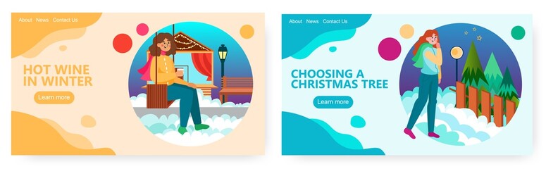 Woman choose christmas tree in a forest. Winter season vector concept illustration. Girl drinks hot wine and sit on a swing in a park.Web site design template