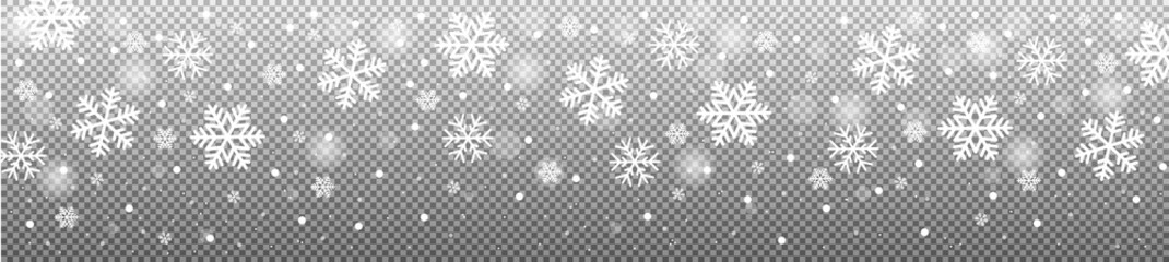 Realistic falling snow vector heavy snowfall, snowflakes in different shapes and forms. White snowflakes flying in the air. Christmas and New Year decoration