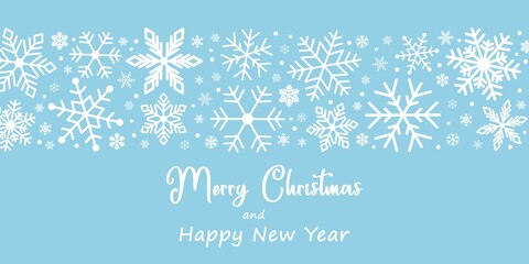 Naklejka na ściany i meble Seamless snowflake border, Christmas design for greeting card. Vector illustration, merry xmas snow flake header or banner, wallpaper