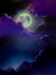 Landscape of creepy full moon behind the purple clouds