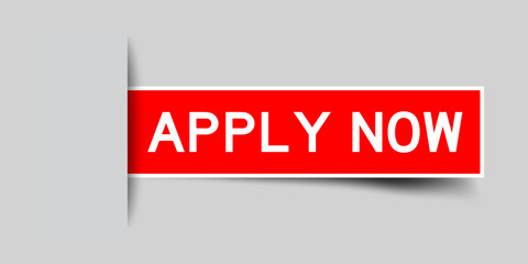 Inserted red color label sticker with word apply now on gray background