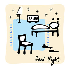 Bedroom, chair, lamp, slippers and bed. Good night lettering. Hand drawn cartoon collection. Vector illustration on white background.