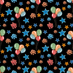 Seamless background with colorful balloons. Watercolor Seamless Pattern with Cute Balloons and Stars. Colorful Cartoon Balloons. Holidays