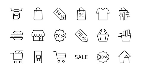 Fototapeta premium Black Friday Icon Set contains Discounts Promotions Shopping Package, Shopping Cart and more. Editable stroke, vector icons