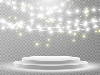 Bright podium for awards ceremony.Vector illustration. A podium in the light of stars and bright garland.