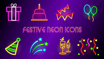 Set of 8 festive neon icons. For any holiday.