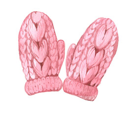 Watercolor pair of pink knitted mittens isolated on white background. Christmas hand drawn illustration of pink winter gloves with ornament.