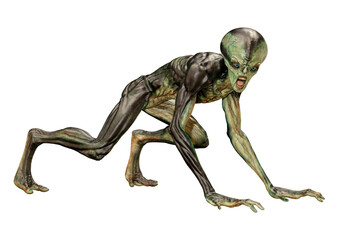 3D Rendering Green Alien on White
