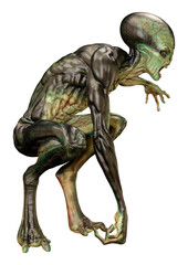 3D Rendering Green Alien on White