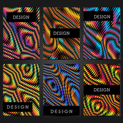 Collection of 6 card templates with glitch effect and frame for text. Layout for banners, posters, flyers, covers and invitations. Trendy design.