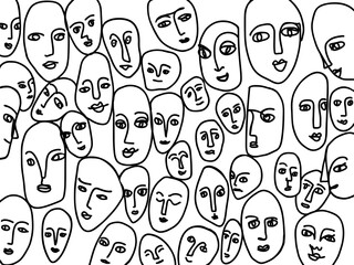 Hand-drawn abstract faces. Black lines form a pattern of human emotions. Creative vector concept about psychology, diversity of human emotions.