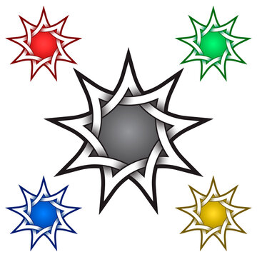 Nine pointed star logo template in Celtic style. Tribal tattoo symbol. Silver stamp for jewelry design and samples of red, green, blue and golden colors.