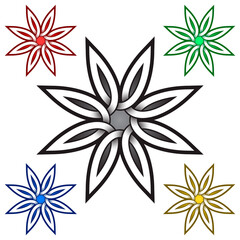 Eight petals flower logo template in Celtic style. Tribal tattoo symbol. Silver stamp for jewelry design and samples of red, green, blue and golden colors.