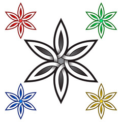Six petals flower logo template in Celtic style. Tribal tattoo symbol. Silver stamp for jewelry design and samples of red, green, blue and golden colors.