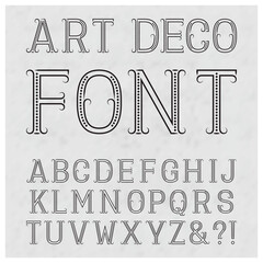 Font in art deco style. Vintage latin alphabet. Black capital letters of dots and lines with flourishes on a gray textured background.
