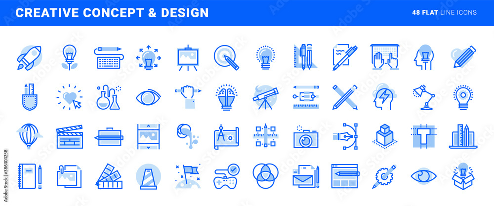 Poster set of flat line icons of creative concept and design. vector concepts for website and app design an
