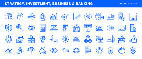 Set of flat line icons of strategy, investment, business and banking. Vector concepts for website and app design and development.