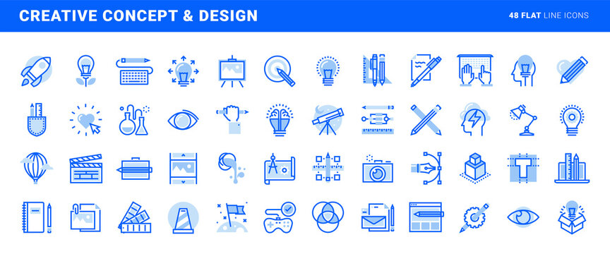 Set of flat line icons of creative concept and design. Vector concepts for website and app design and development.