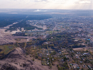Aerial pfoto with drone of destroyed houses after the fire in Ukraine