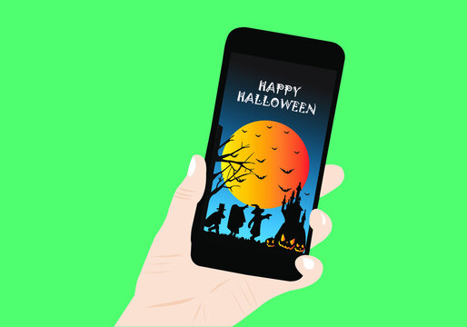 hands holding gadgets with happy halloween greetings