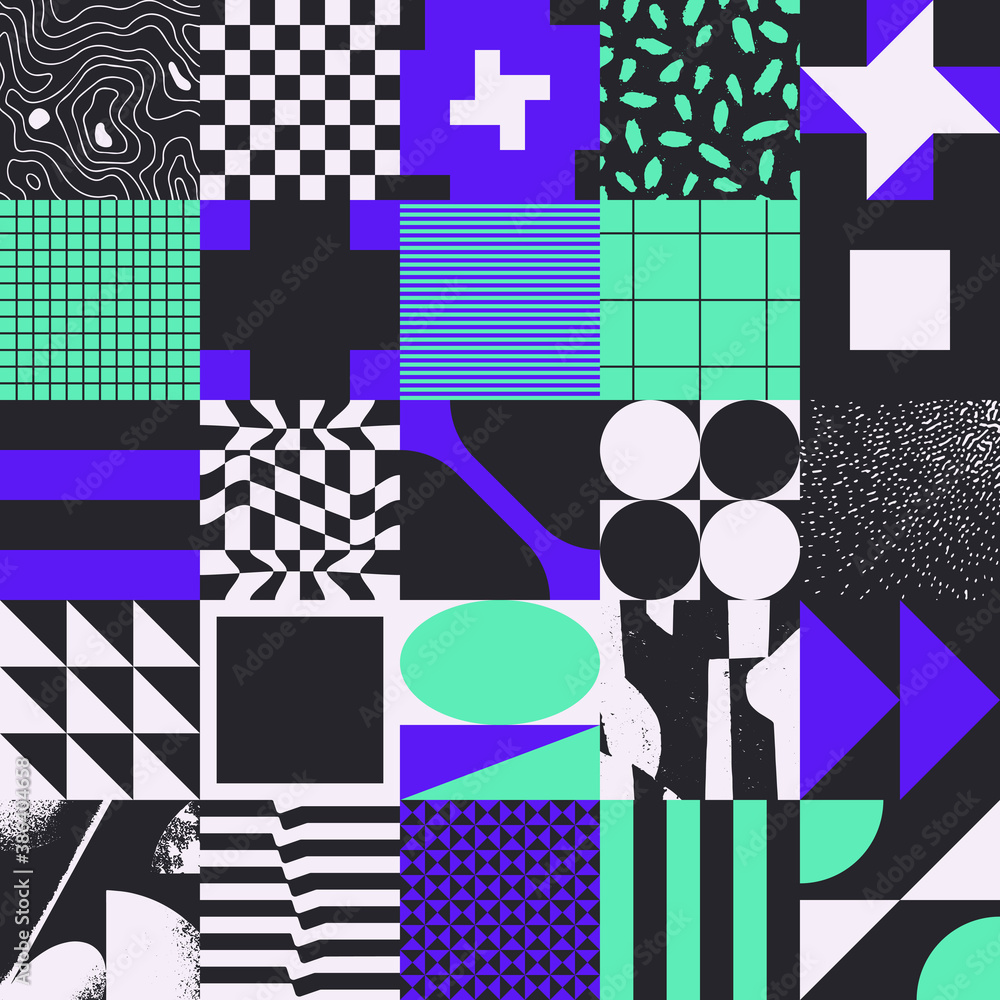 Poster geometric distress design of abstract brutalist pattern artwork with various geometric shapes