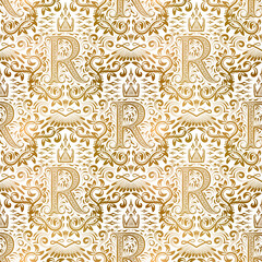 Golden white vintage seamless pattern. Gold royal classic baroque wallpaper. Antique background ornament.