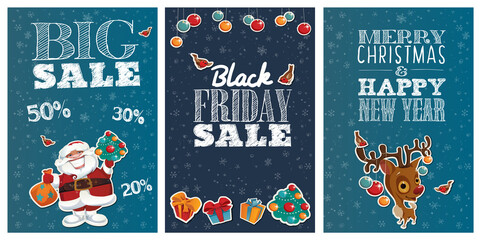 Holiday Big sale posters with cute cartoon characters and lettering