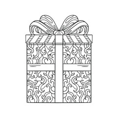 Gift box with big bow with patterns for coloring book. Vector outline design element for print, web, decor. Coloring page for adults.