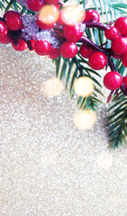 Christmas festive background. Rowan and pine branch, blurry new year lights, bokeh