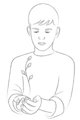 Sketch portrait of a teenage boy who looks at a small sprout in his palms