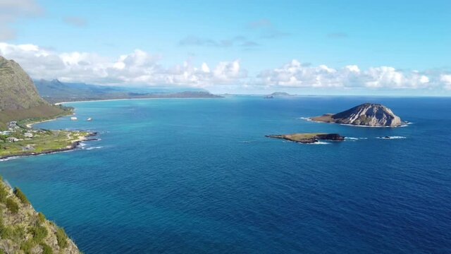 4k left to right panning view of Makapuu Beach and surrounding area from the Makapuu lookout area on the island of Oahu, Hawaii, USA