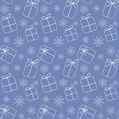 Vector seamless pattern with linear presents and snowflakes. Christmas concept, isolated on blue background