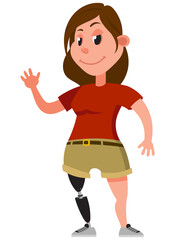 Woman with prosthetic leg. Female character in cartoon style.