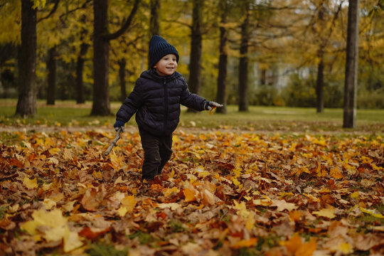 Cute little boy with happy smiling face wearing dark blue jacket and knit beanie running along autumn park. The ground is covered with yellow fallen leaves. Image with selective focus